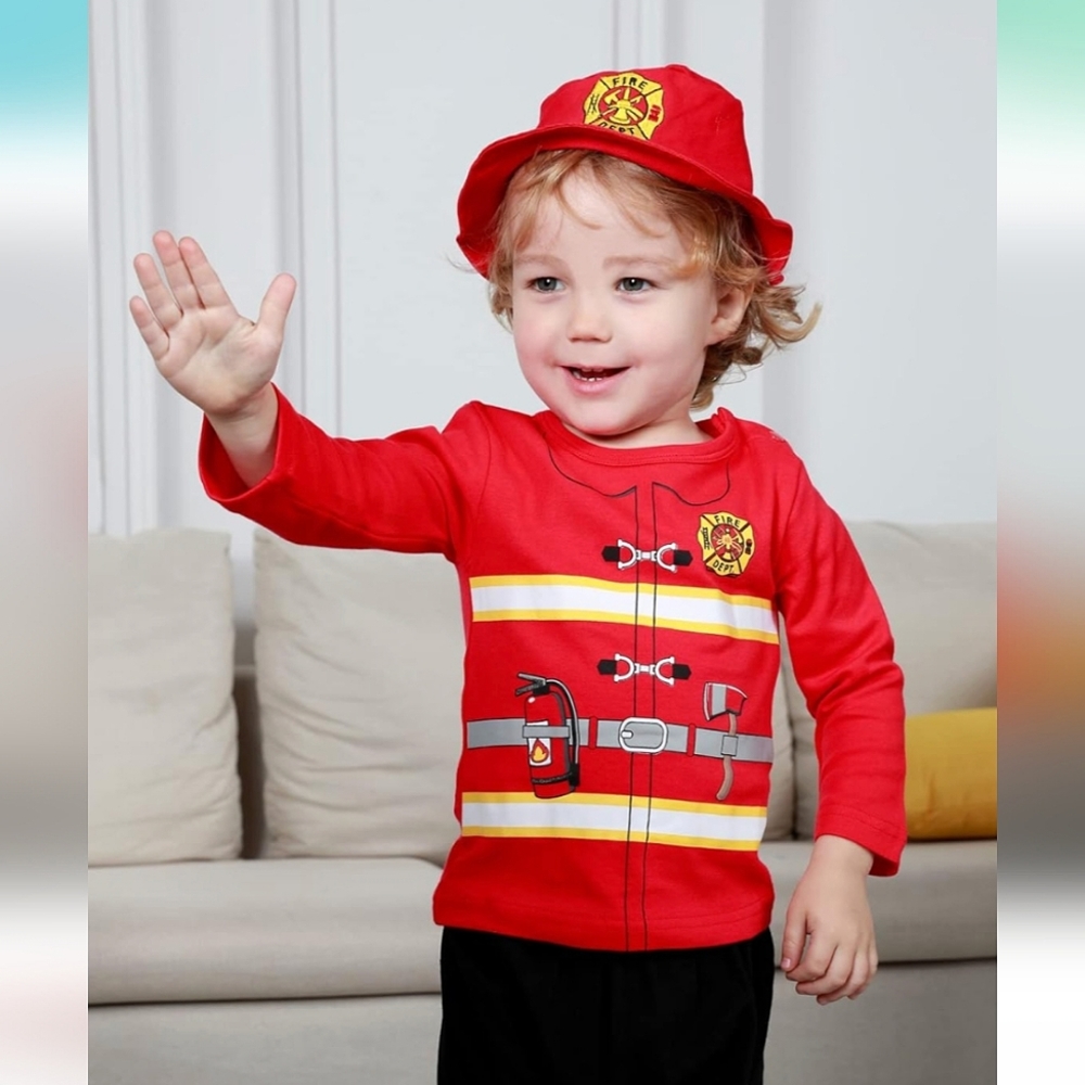 Toddler Halloween Costume Set Shirt Pants Bucket Hat Firefighter Costume 12-18M